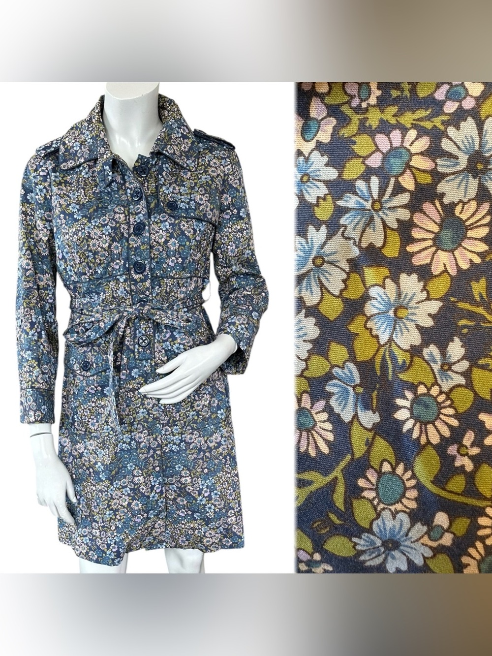Anthropologie Elevenses Floral Belted Whimsical Blue Green Trench Coat Size 4